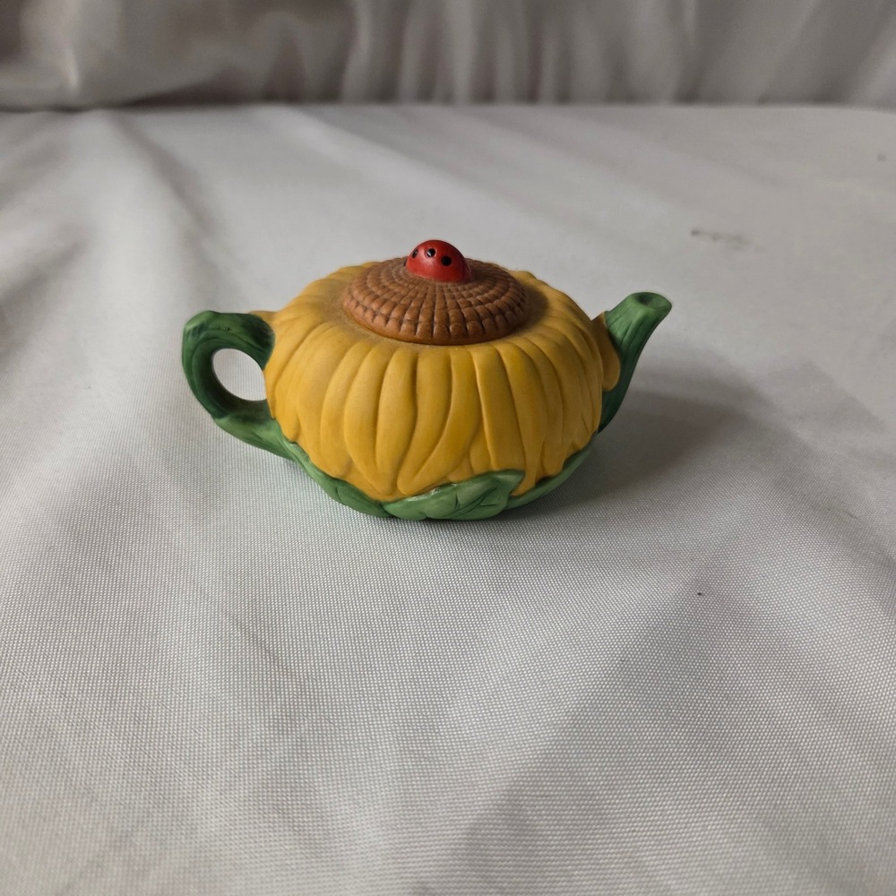 Vintage 1995 Avon Sunflower Ladybug Miniature Decorative Teapot Ceramic Figurine